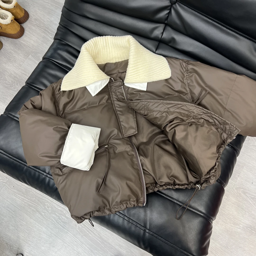 6745针织翻领短款棉衣棉服女冬季设计感拼接加厚保暖撞色外套