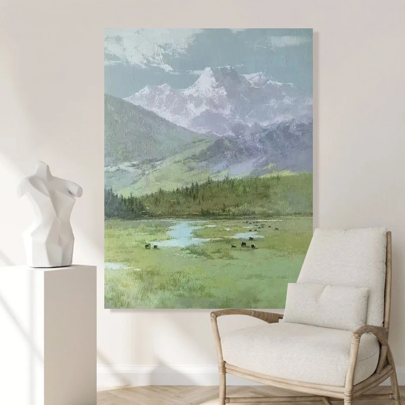 FLD.手绘油画《青青草原》简约装饰画抽象风景侘寂客厅玄关餐厅画