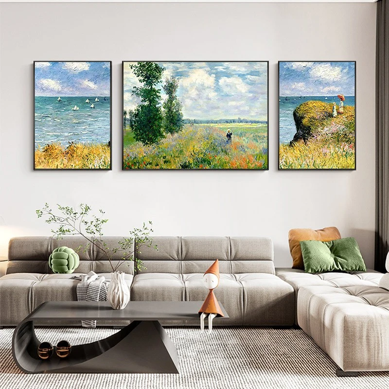 FLD.手绘油画轻奢莫奈田园风景客厅装饰画美式三联餐厅沙发背景墙