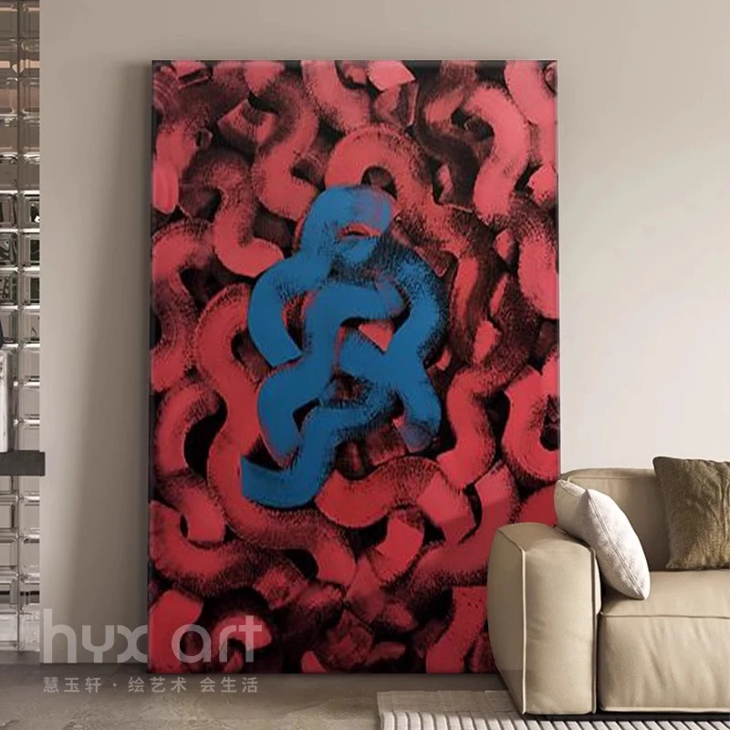 FLD.手绘油画《红蓝纠缠》简约肌理手工装饰画客厅油画玄关抽象画