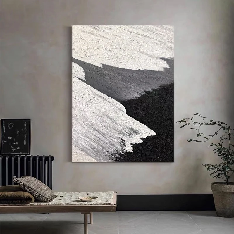 FLD.手绘油画《潮汐》设计师侘寂风黑白灰挂画客厅玄关砂岩装饰画