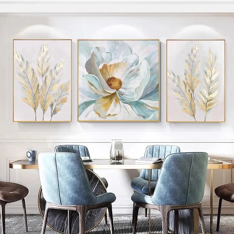 FLD.手绘油画三联抽象壁画美式金箔装饰画轻奢风现代玄关沙发挂画