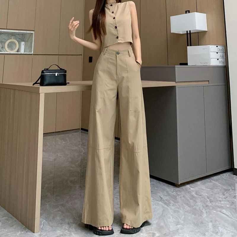减龄时尚马甲背心套装女夏季薄款高腰宽松显瘦直筒阔腿长裤两件套