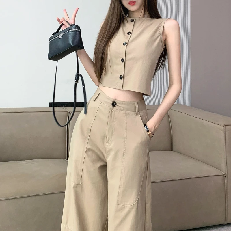 时尚套装女夏季薄款辣妹显瘦无袖衬衫宽松高腰阔腿裤休闲裤两件套