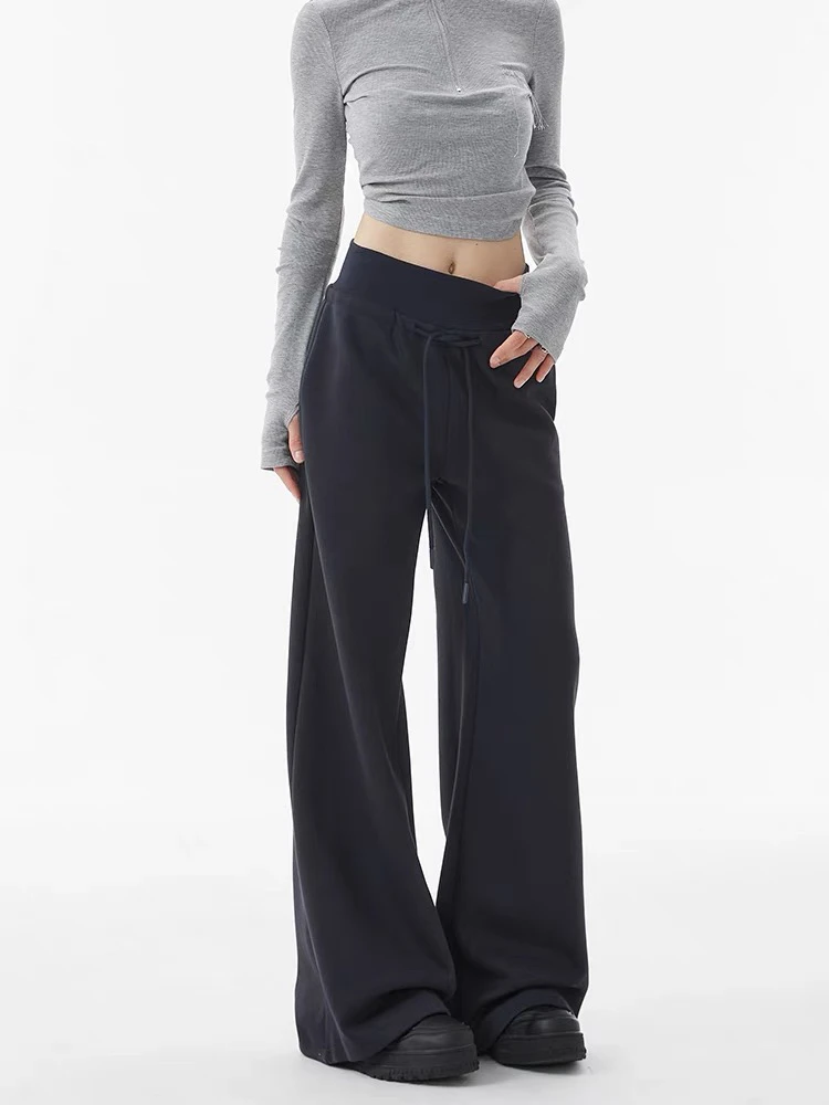 宽松直筒阔腿裤女藏青色抽绳松紧腰春夏款休闲长款拖地卫裤2025春