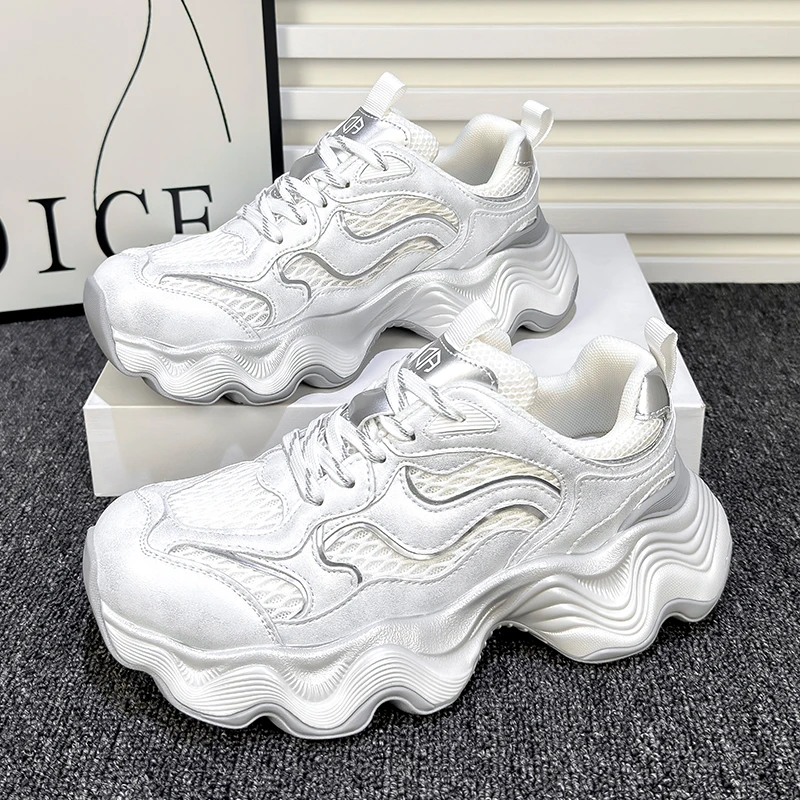 5cm厚底老爹鞋女ins潮鞋子2024夏新款百搭爆款网面透气休闲运动鞋