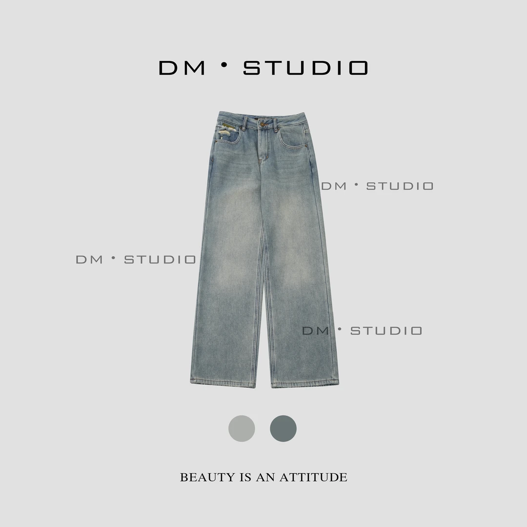 DM•STUDIO/秋冬复古加绒加厚款水洗蓝拖地牛仔裤（0501083）
