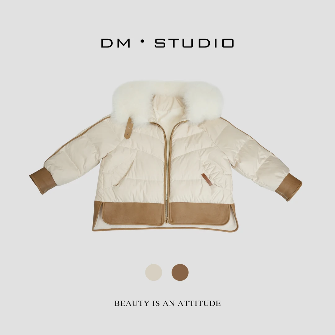 DM•STUDIO/秋冬加厚洋气设计感撞色拼接大毛领90鹅绒服（23BT173）