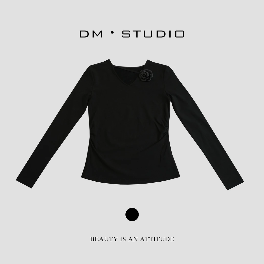 DM•STUDIO/小众设计感山茶花长袖V领打底上衣（90655）