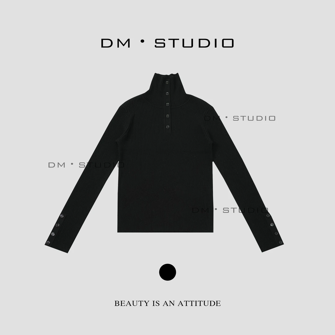 DM•STUDIO/弹力坑条100%绵羊毛半高领针织衫上衣（2619）