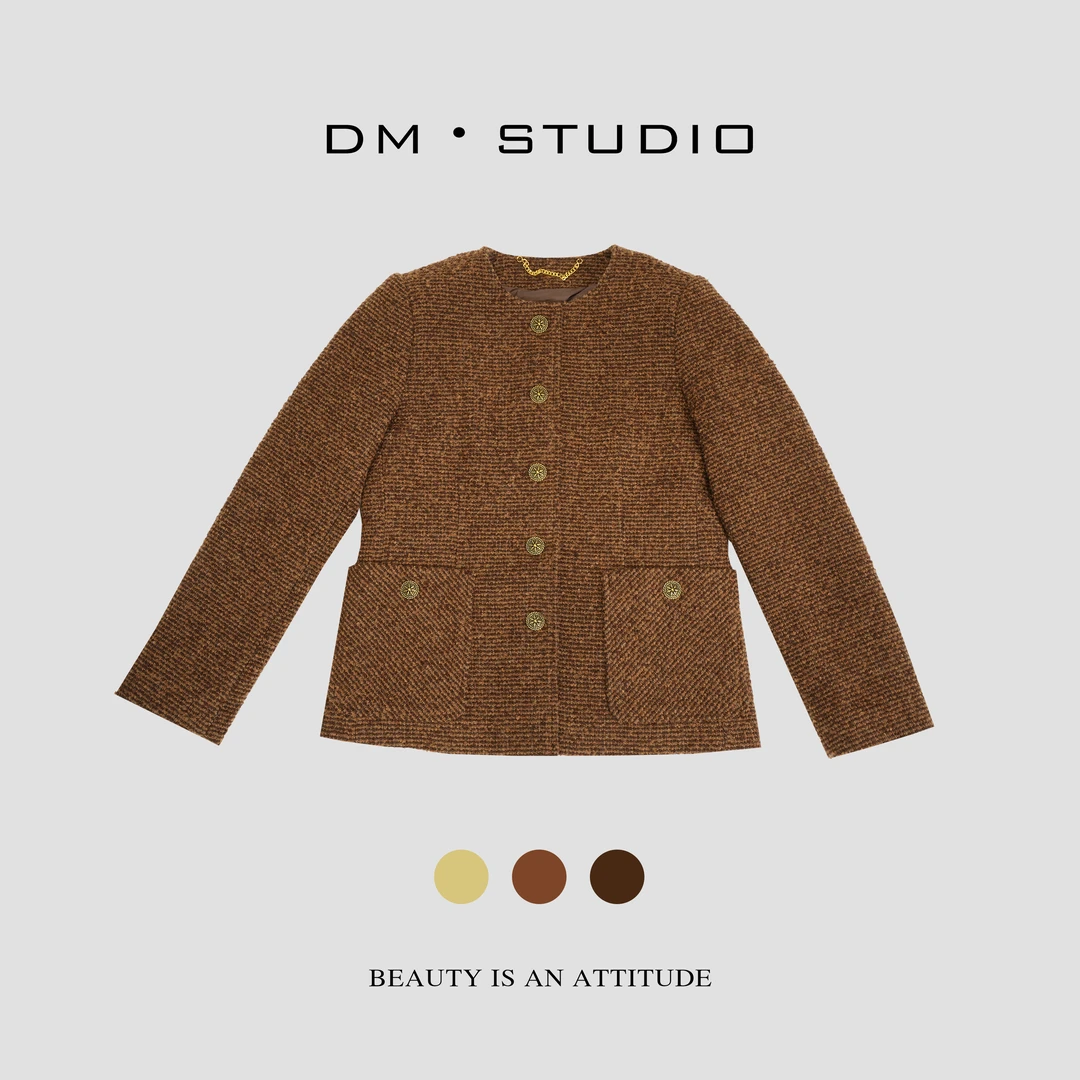 DM•STUDIO/秋冬轻奢复古咖色编织感90鸭绒小香外套（2627）