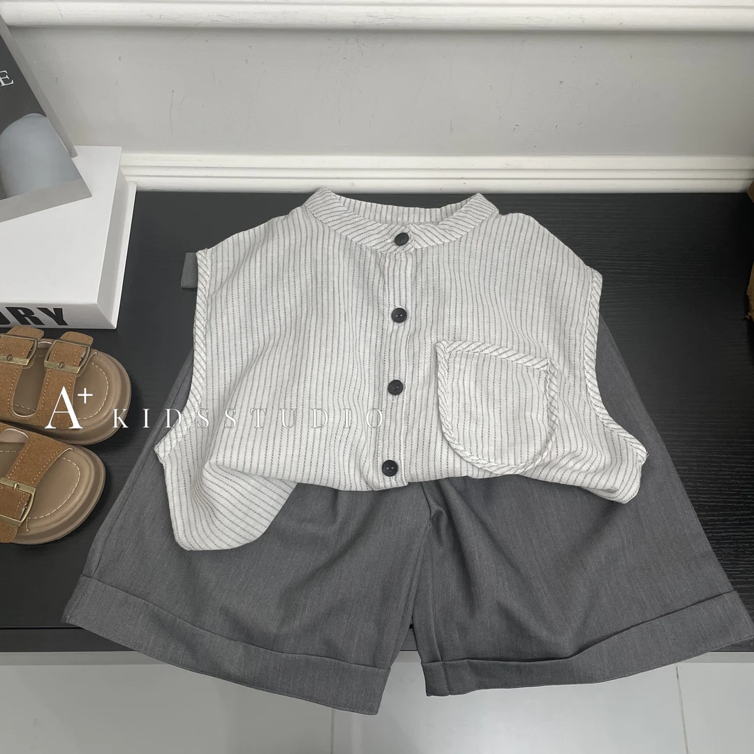 男童针织洋气新款无袖2024夏装时髦短袖条纹衬衫儿童休闲裤两件套