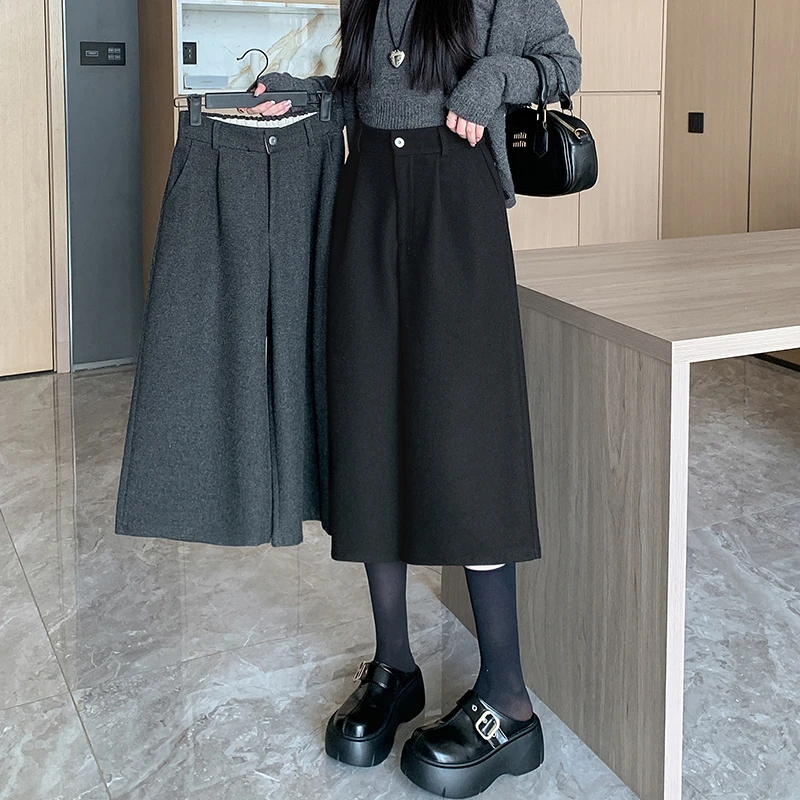 灰色毛呢垂感直筒休闲七分裤女秋冬新款设计感加厚高腰显瘦阔腿裤