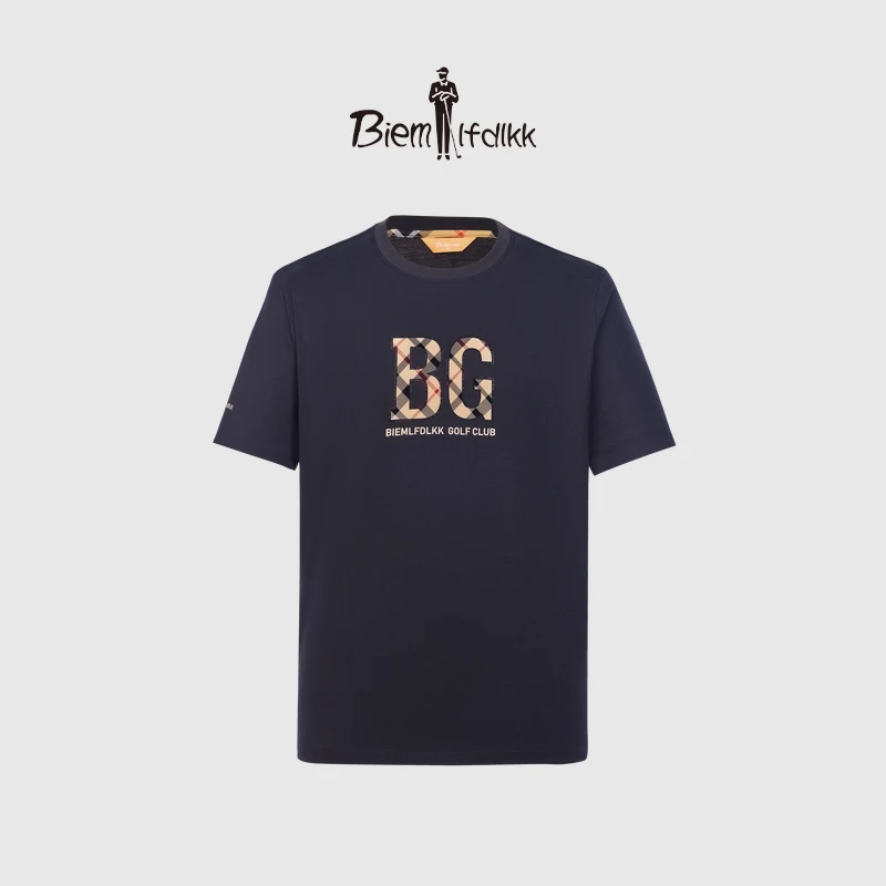 【冰舒棉】比音勒芬夏季新款格纹字母印花凉感短袖T恤男圆领