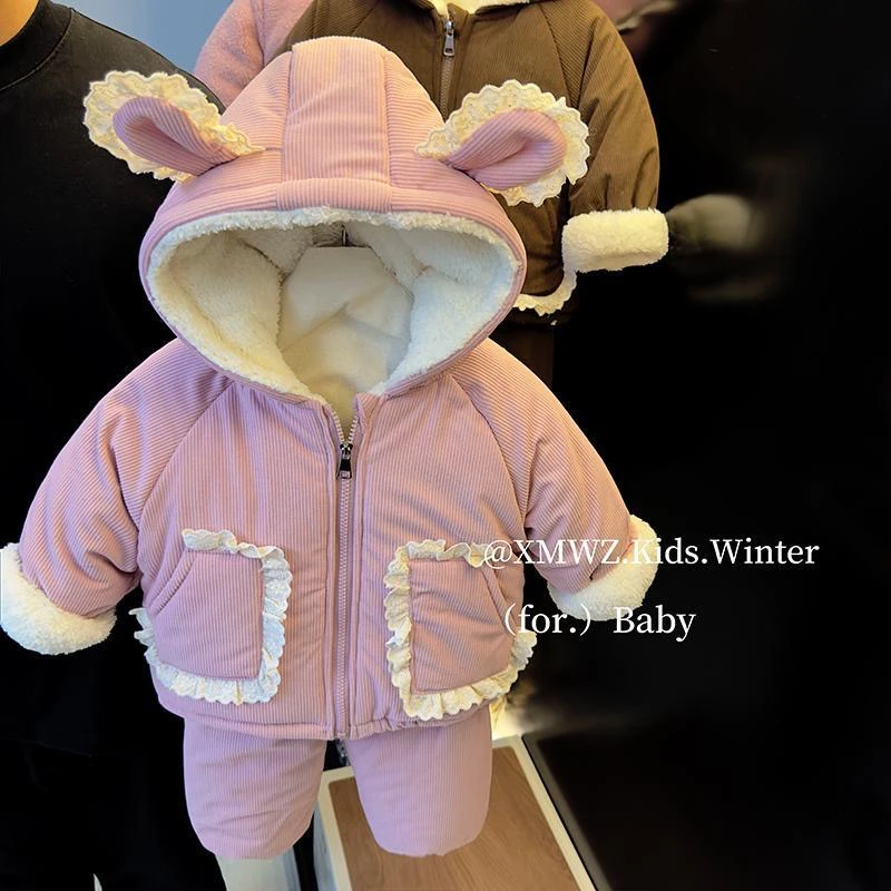 童装女童2024冬装三层加厚睡衣女宝宝洋气可外穿连帽套装家居服