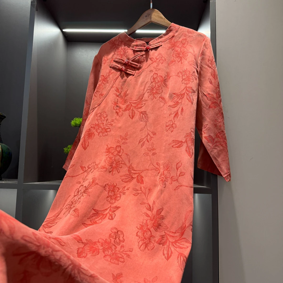 中式连衣裙复古斜襟盘扣传统改良春季女装宽松连衣裙1517