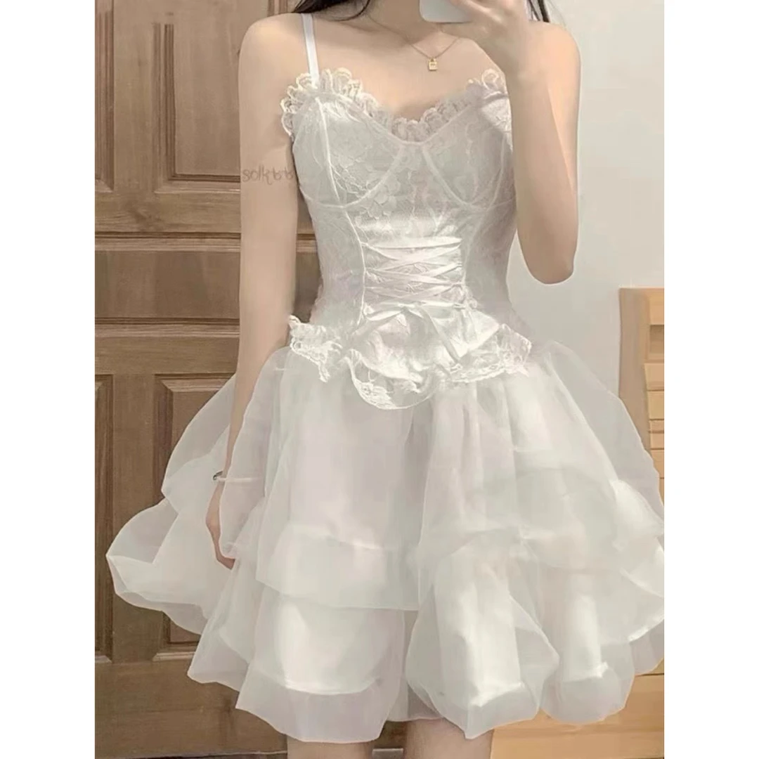 芭蕾风仙女公主裙套装纯欲辣妹修身吊带上衣带胸垫+蓬蓬裙生日裙