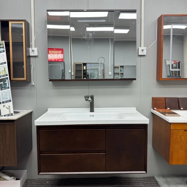 新中式橡木浴室柜简约美式卫生间洗漱台折叠风水镜洗手洗脸盆组合