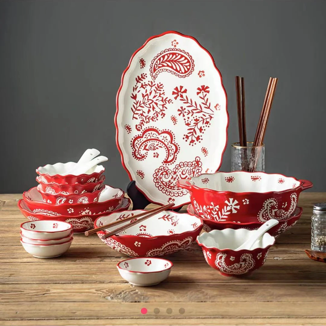 月影花系列13英寸花边陶瓷鱼盘高颜值家用高温釉下彩浮雕工艺盘