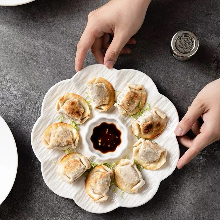 白色陶瓷饺子盘带醋碟家用水饺盘专用分格盘虾盘子早餐菜盘薯条盘