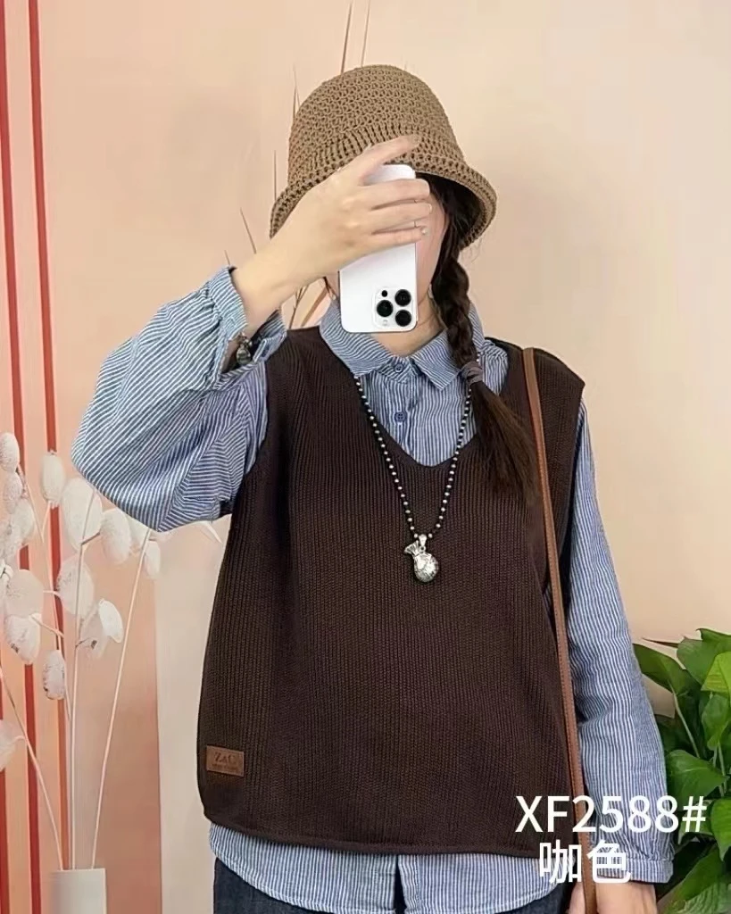 2024贴标V领棉线休闲百搭文艺背心坎肩叠穿马甲