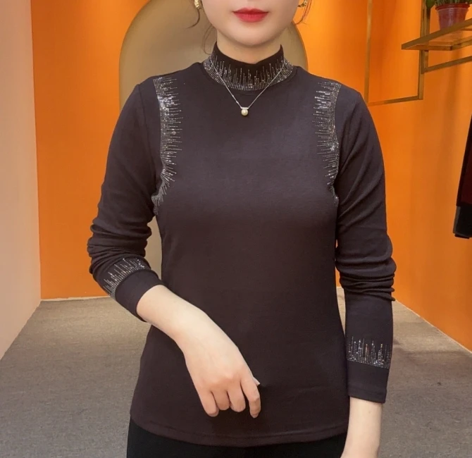 2024秋季新款气质长袖显瘦中领洋气纯色百搭打底衫上衣7382