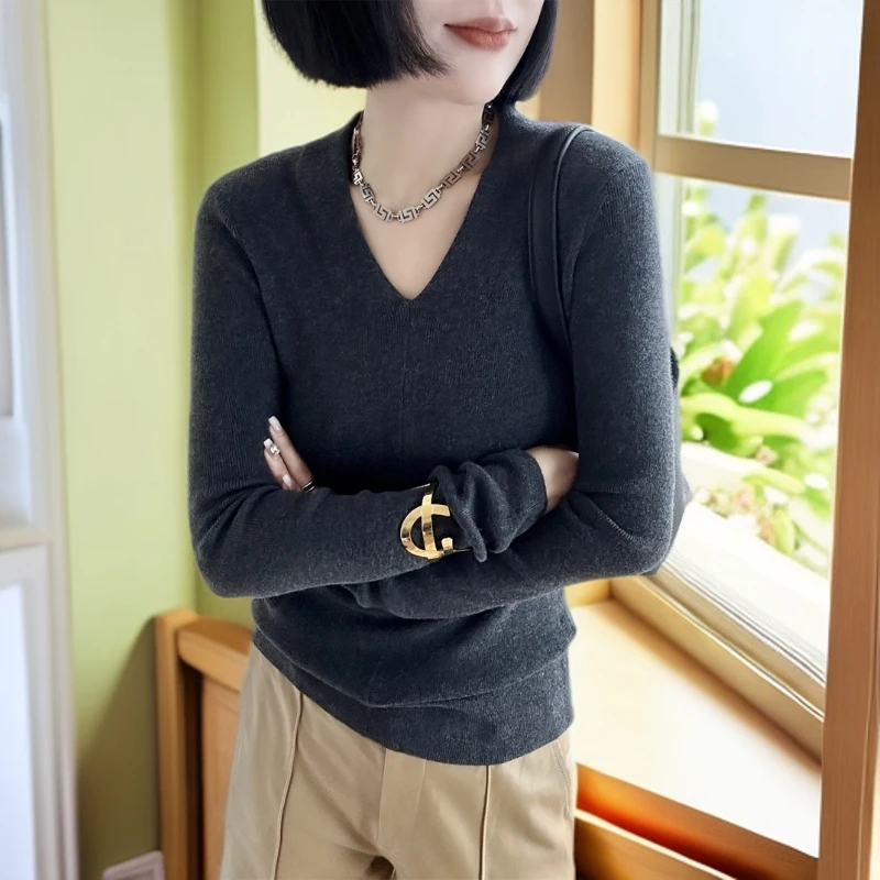 秋冬新款女士 V领超细羊毛高弹力打底衫显瘦百搭修身时尚纯色气质