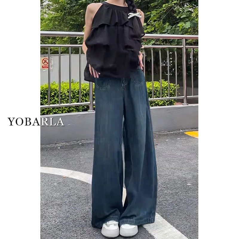 蓝色直筒牛仔裤女秋冬加绒高腰微胖女士宽松胖mm拖地阔腿裤