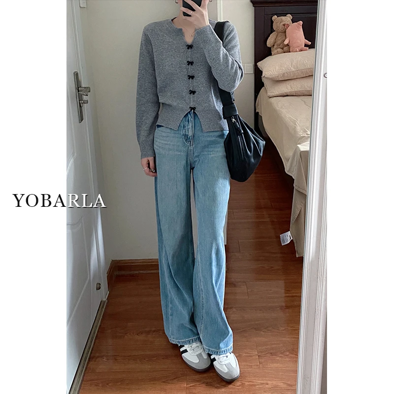 蓝色窄版阔腿牛仔裤女大码冬季加绒高腰宽松显瘦梨形身材直筒裤子