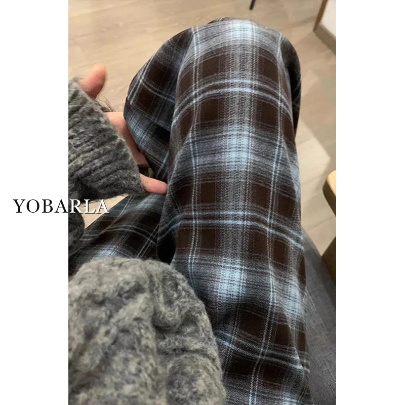 格纹直筒垂感休闲裤女高腰冬季加绒大码胖mm格子梨形身材阔腿裤子
