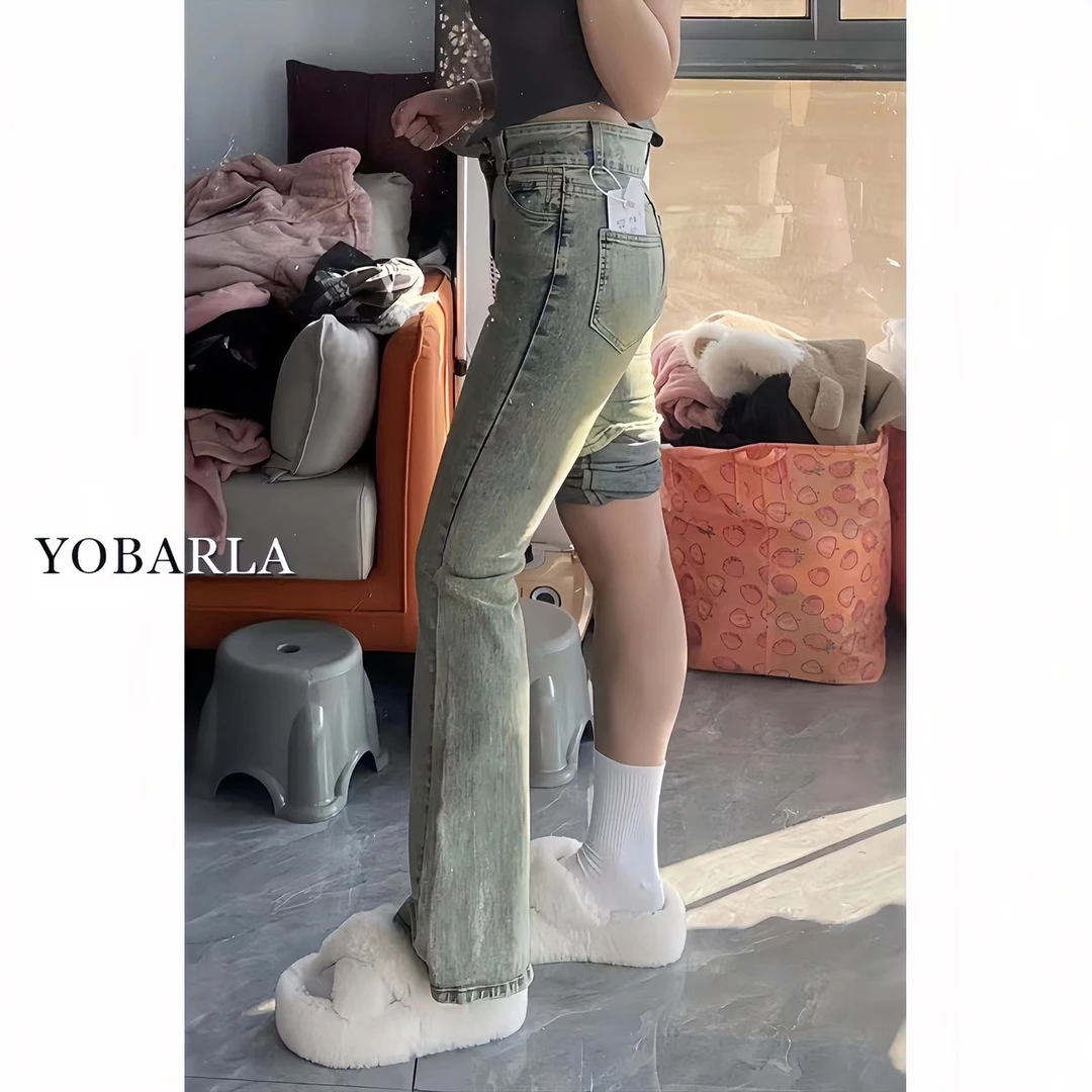 黄泥染小众微喇弹力牛仔裤女冬季加绒高腰大码胖mm修身裤YBL-2608