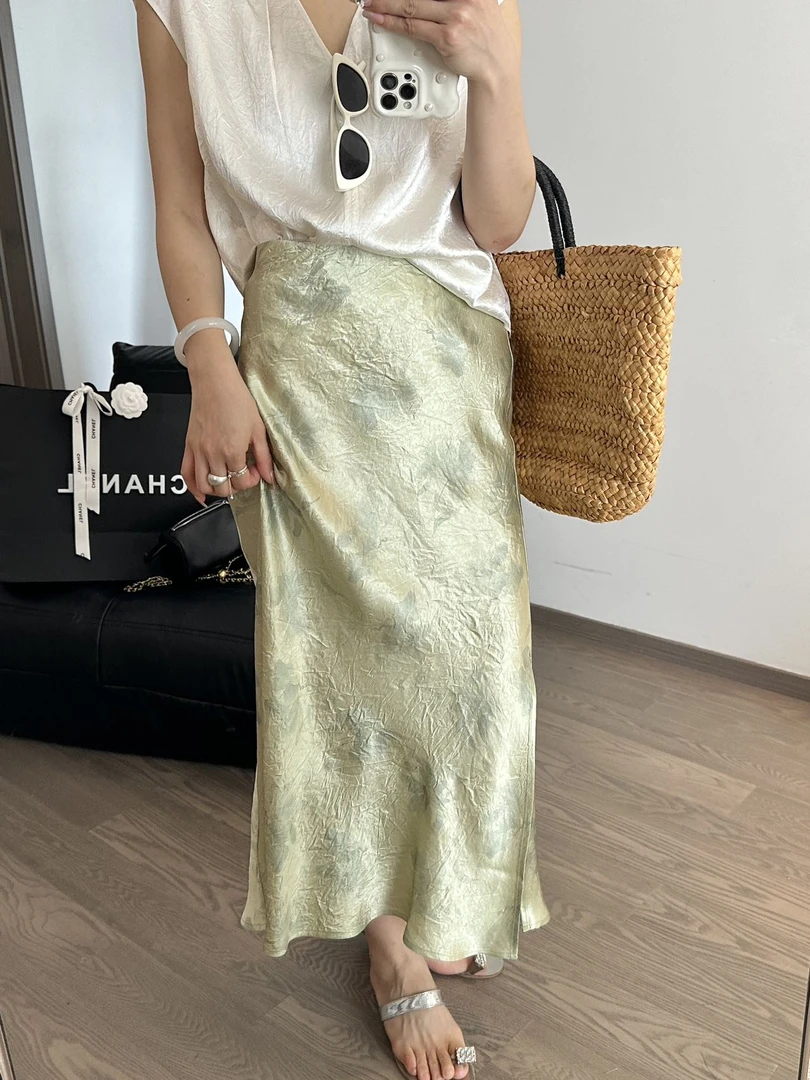 九月   提花醋酸裙      新款 长款显瘦高腰休闲半身裙气质裙子