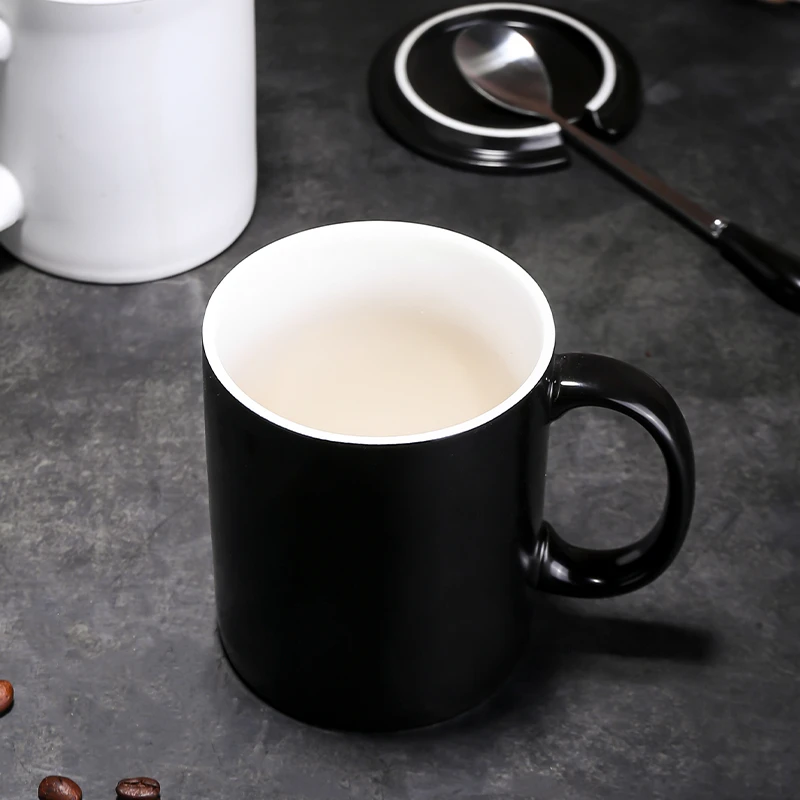 WUNI欧式创意黑色哑光大容量马克杯子磨砂简约咖啡杯带勺陶瓷水杯