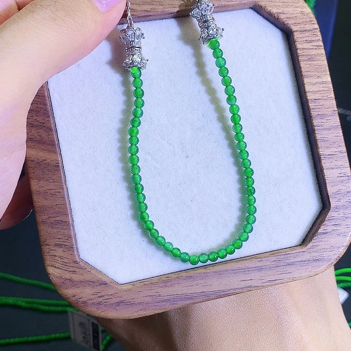 翡翠颈饰银S925镶嵌天然翡翠米珠项链