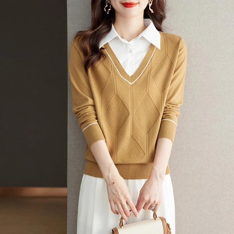 LY8829衬衫领假两件上衣女洋气时尚宽松针织衫打底毛衣秋冬