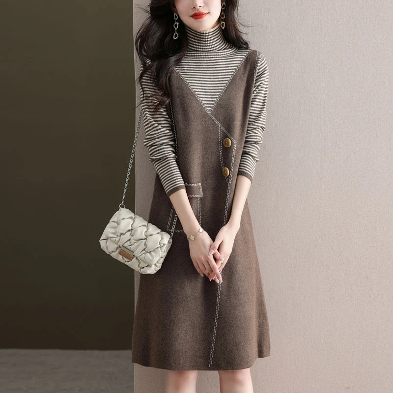 LY8700中长款针织连衣裙女士气质内搭裙子秋冬新款冬季毛衣裙