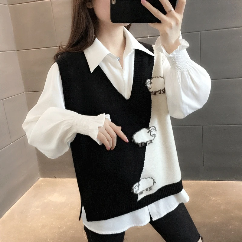 LY5354秋装套装女士针织背心衬衣马夹两件套外穿毛衣春秋马甲女