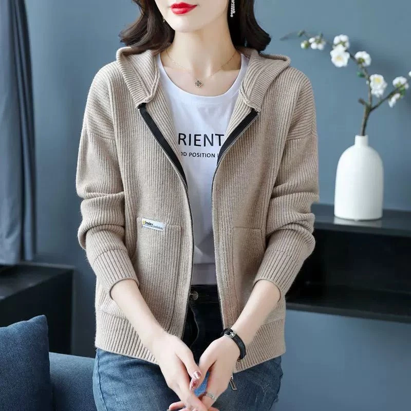 LY9003开衫毛衣外套女秋季新款宽松百搭拉链连帽卫衣针织衫上衣