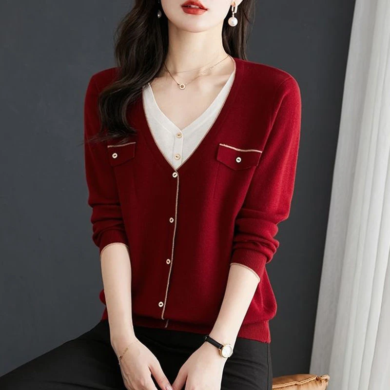 LY7937假两件上衣女假开衫毛衣外套新款V领针织衫春秋外穿长袖