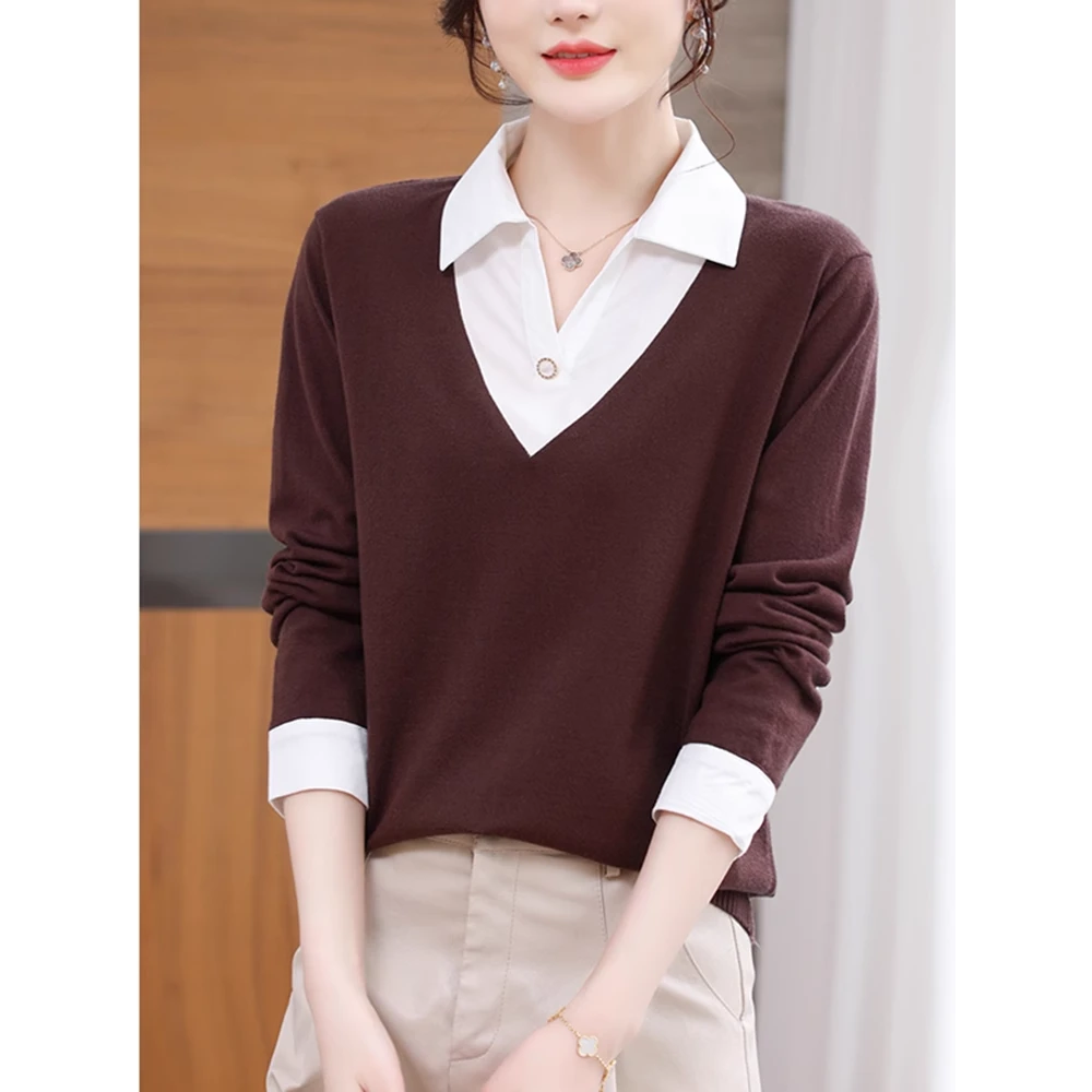 LY8951假两件衬衫领针织衫女秋冬新款时尚显瘦毛衣打底衫内搭上衣