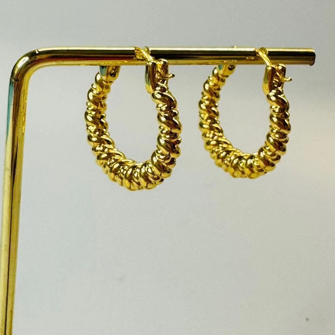 黄金足金999法式扭转缠绕纹5D硬金耳环