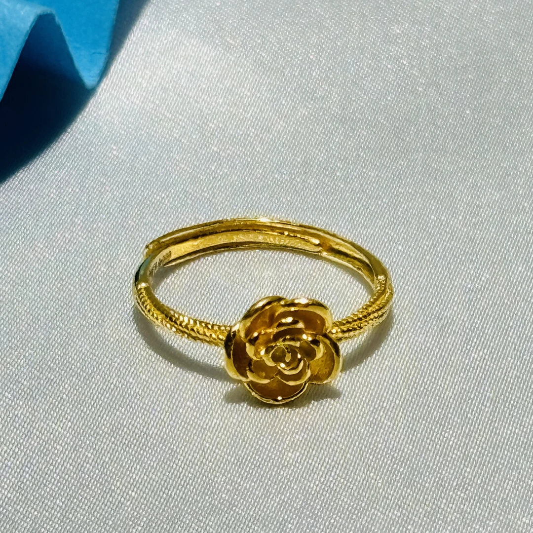 黄金足金999新中式国潮风玫瑰花活口可调节戒指