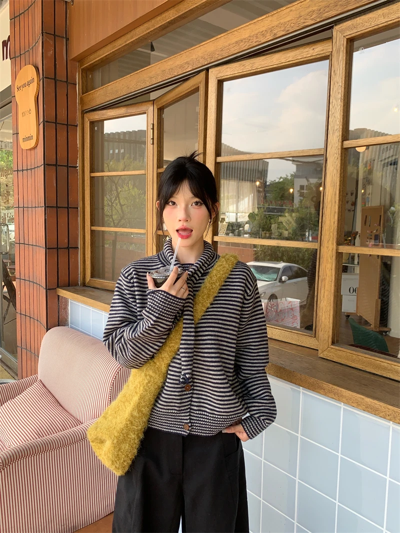 【NYPP】秋季复古撞色条纹针织开衫外套女温柔设计感宽松毛衣