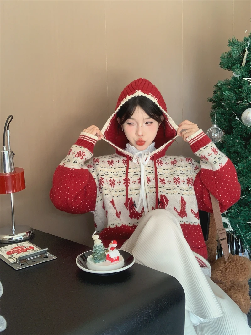 【NYPP】冬季复古百搭减龄拉链加厚保暖连帽针织开衫女毛衣外套