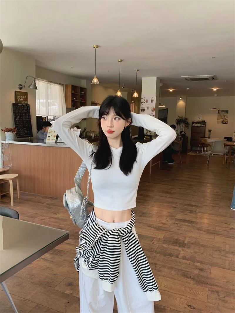 【NYPP】秋季新款简约纯色长袖T恤显瘦修身打底衫短款上衣