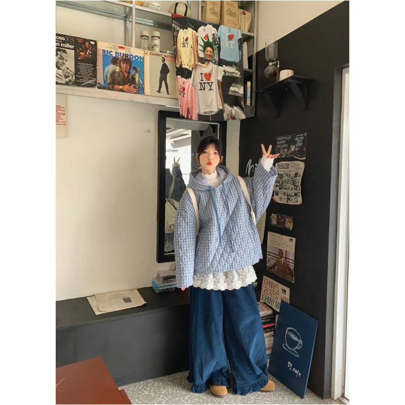 【NYPP】2024秋冬新款格纹碎花法式少女连帽棉服女冬季棉衣外套上衣