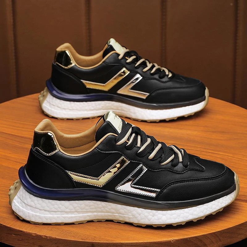 秋季潮流休闲男鞋2024新款真皮爆米花软底运动鞋男百搭软皮老爹鞋