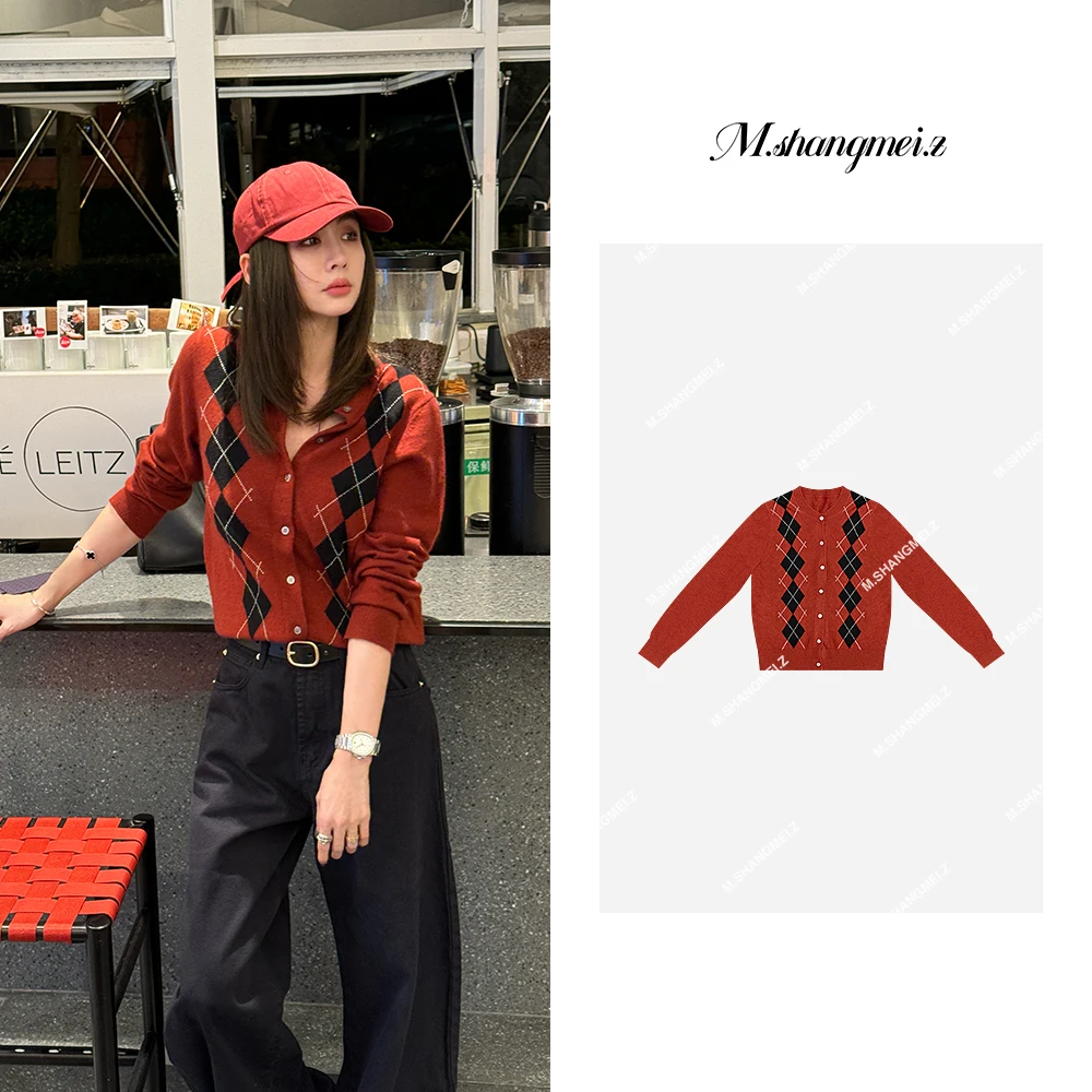 M.SHANGMEI.Z/沐熙美大哥红色时尚菱格毛衣开衫X090817