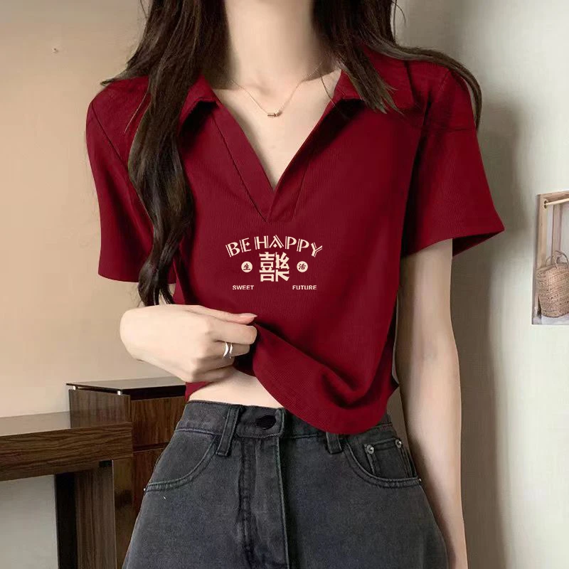 2024新款红色棉质正肩polo领短袖T恤女减龄修身百搭短款体恤上衣