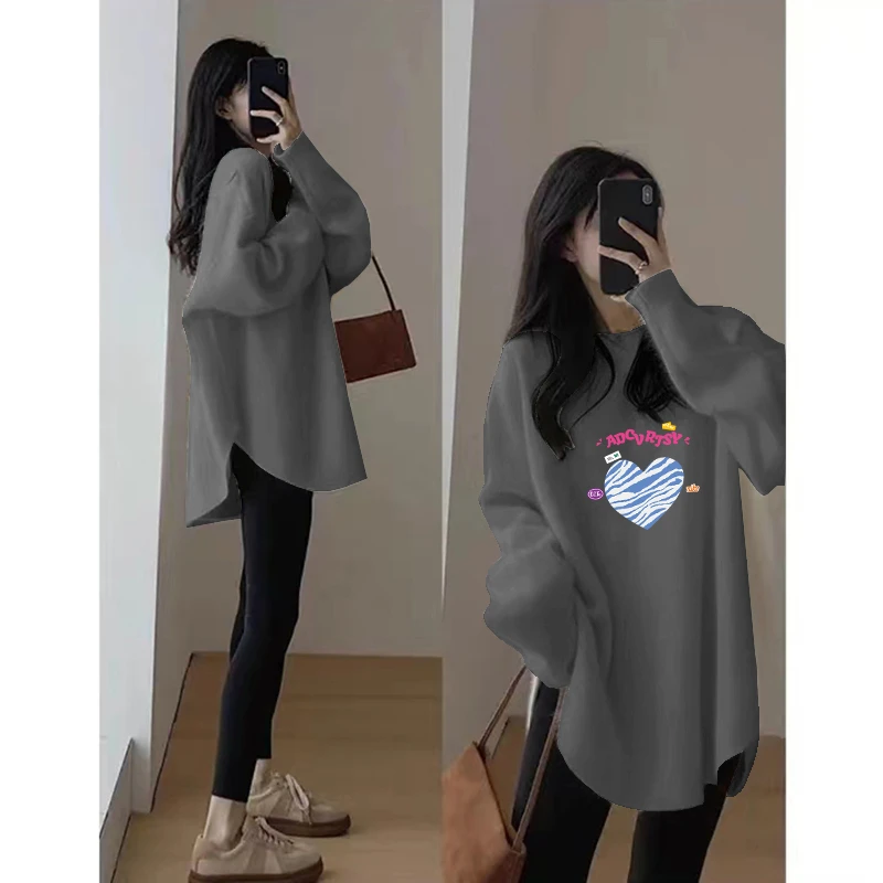 加厚加绒胖mm咖色时尚衫磨毛内搭印花设计感T恤女配鲨鱼裤的上衣